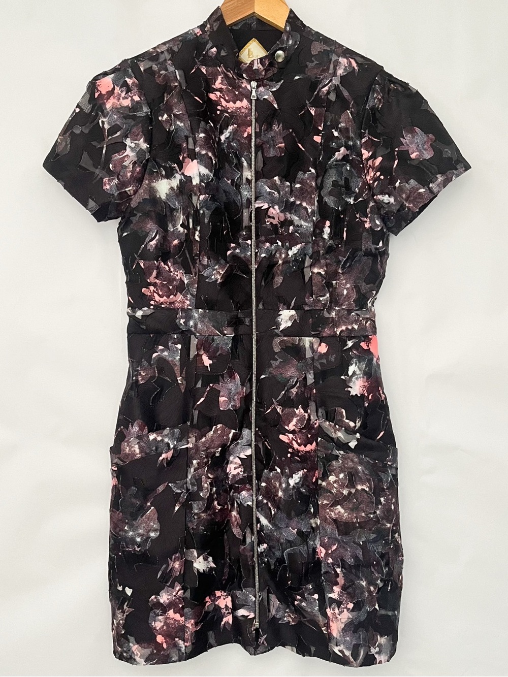 Luba Hannah Payne Zip Up Mini Dress Dark Floral Watercolor Size 4 Black Pink
